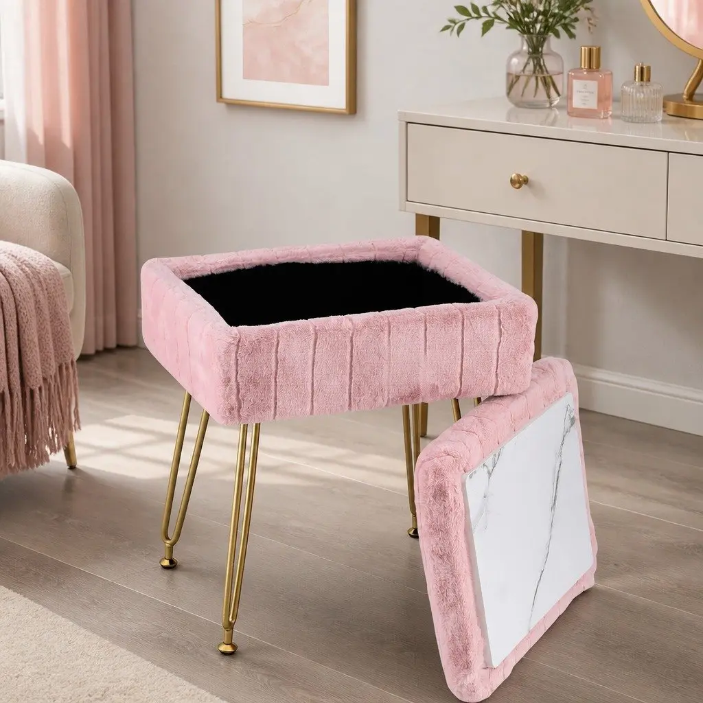 Storage Ottoman Pink Faux Fur Rectangle with Reversible Table Lid Hidden Storage