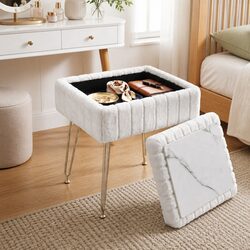 Reversible White Faux Fur Storage Ottoman Footstool