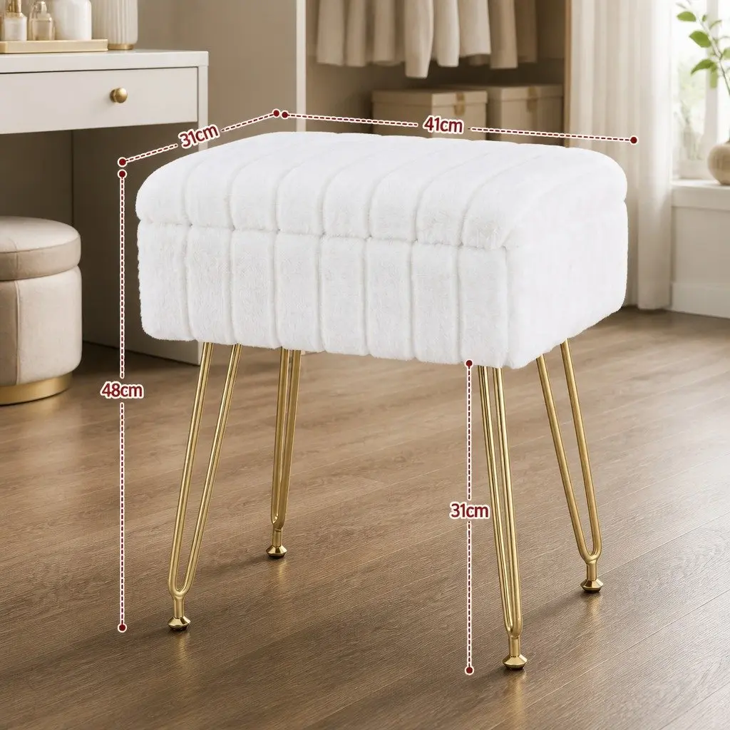 Storage Ottoman Faux Fur White Rectangle MDF Metal 41cm W x 31cm D x 48cm H