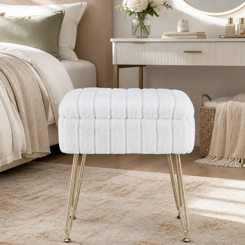 Storage Ottoman Faux Fur White Rectangle MDF Metal 41cm W x 31cm D x 48cm H