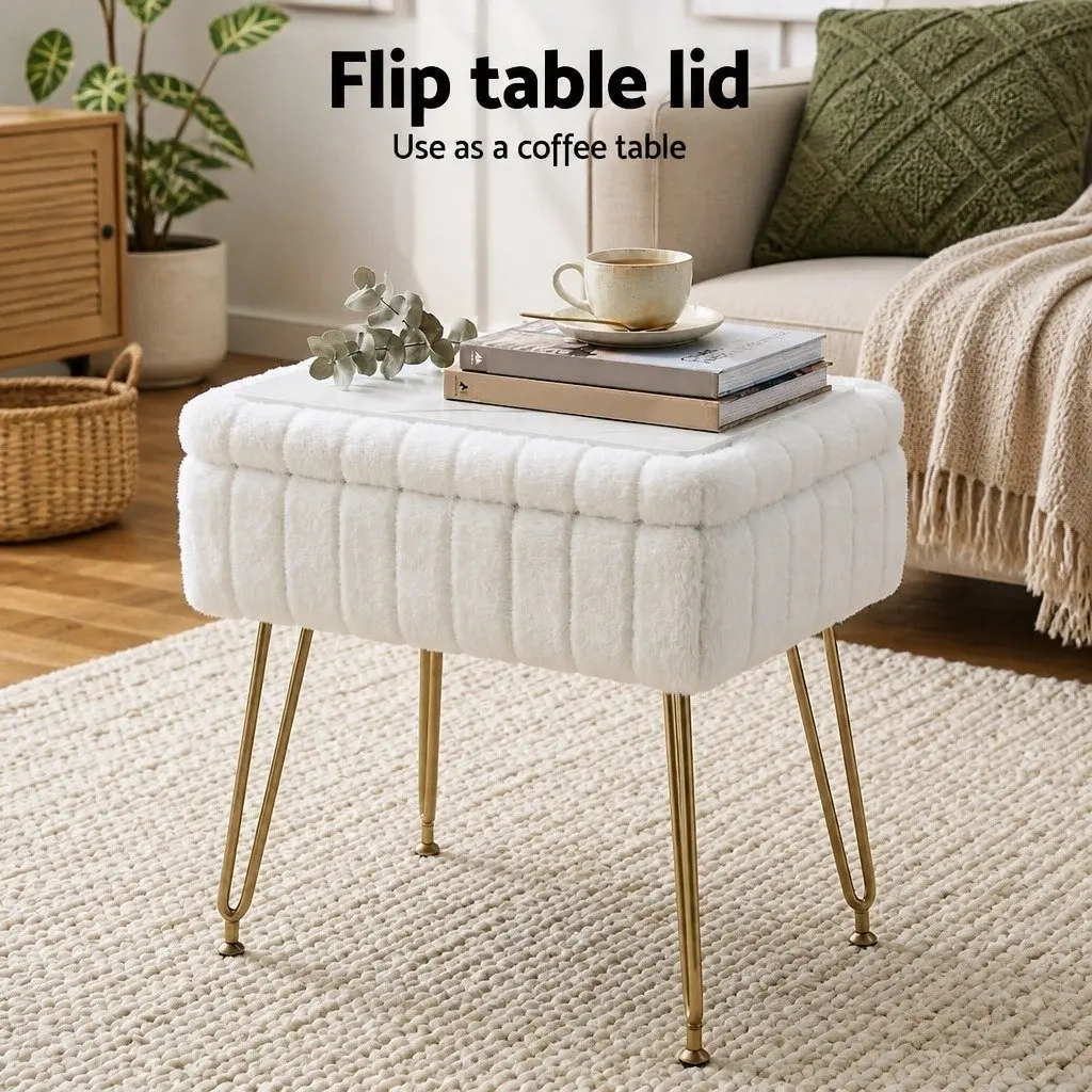 Storage Ottoman Faux Fur White Rectangle MDF Metal 41cm W x 31cm D x 48cm H