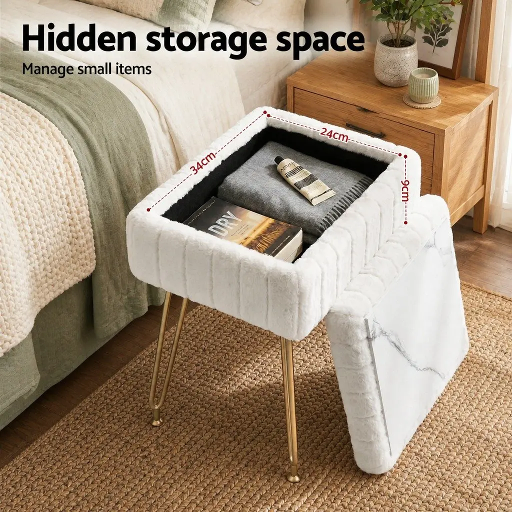 Storage Ottoman Faux Fur White Rectangle MDF Metal 41cm W x 31cm D x 48cm H