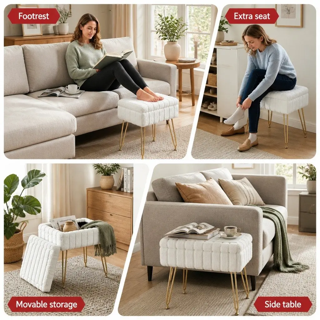 Storage Ottoman Faux Fur White Rectangle MDF Metal 41cm W x 31cm D x 48cm H