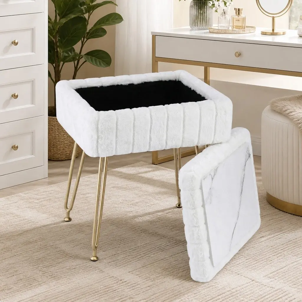 Storage Ottoman Faux Fur White Rectangle MDF Metal 41cm W x 31cm D x 48cm H