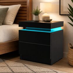 Stylish Black Bedside Table with LED Lighting and Storage