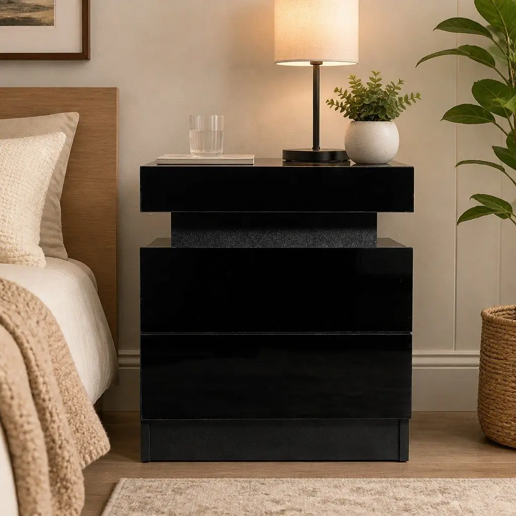 Bedside Table LED Lighting Black 2 Drawers Storage Modern High Gloss 15mm Particle Board
