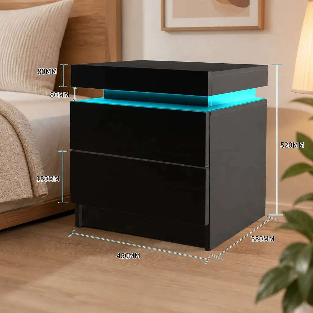 Bedside Table LED Lighting Black 2 Drawers Storage Modern High Gloss 15mm Particle Board