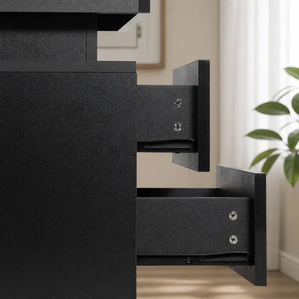 Bedside Table LED Lighting Black 2 Drawers Storage Modern High Gloss 15mm Particle Board