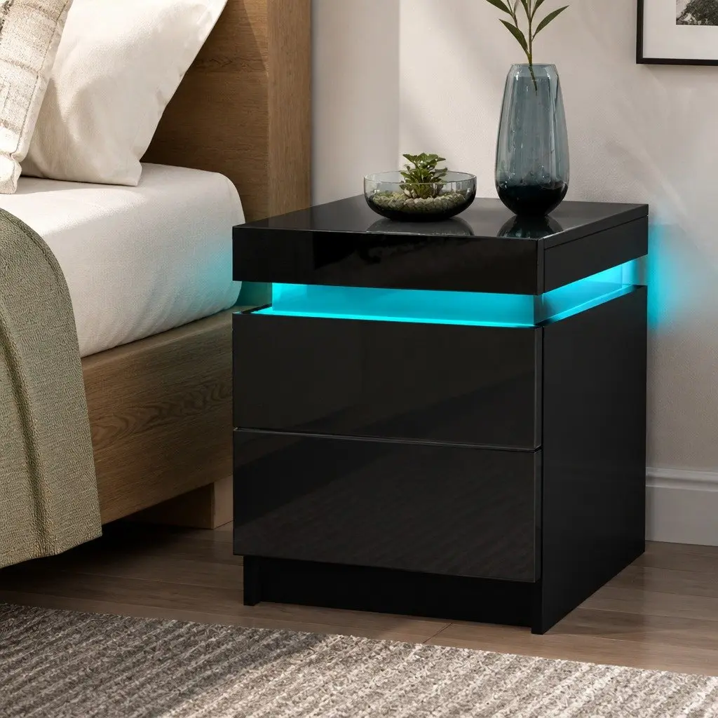 Bedside Table LED Lighting Black 2 Drawers Storage Modern High Gloss 15mm Particle Board