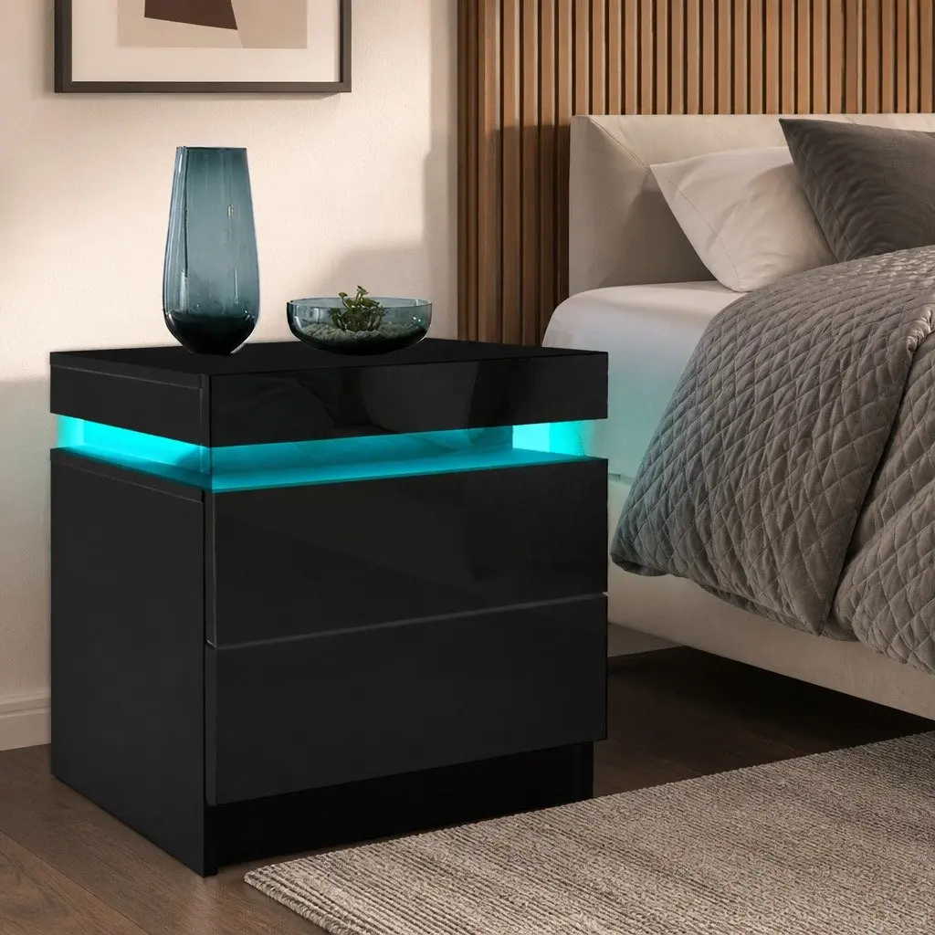 Bedside Table LED Lighting Black 2 Drawers Storage Modern High Gloss 15mm Particle Board