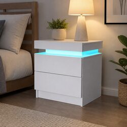 White RGB LED Bedside Table with Storage Drawers
