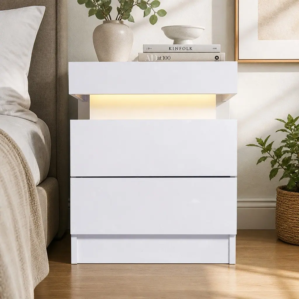 Bedside Table RGB LED White 45cm Particle Board with Lift-Top Compartment and Storage Drawers