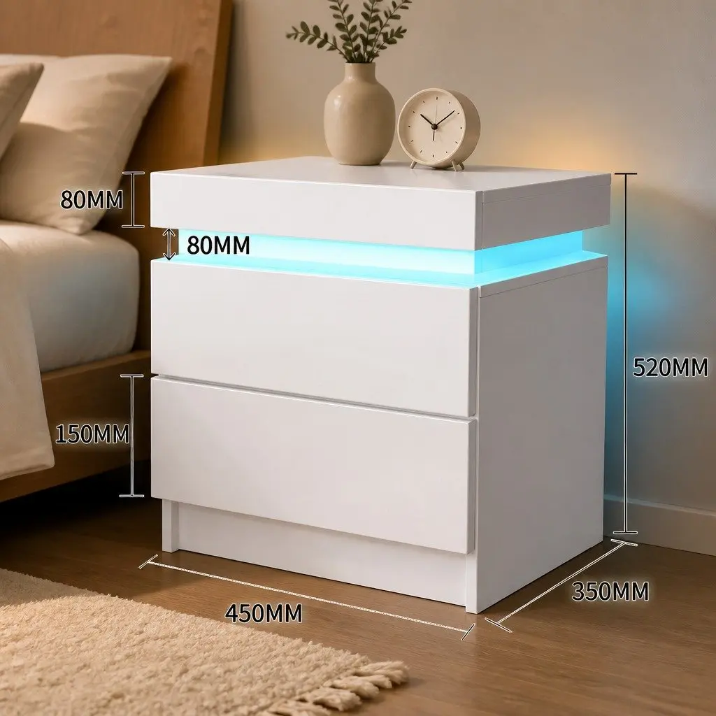 Bedside Table RGB LED White 45cm Particle Board with Lift-Top Compartment and Storage Drawers