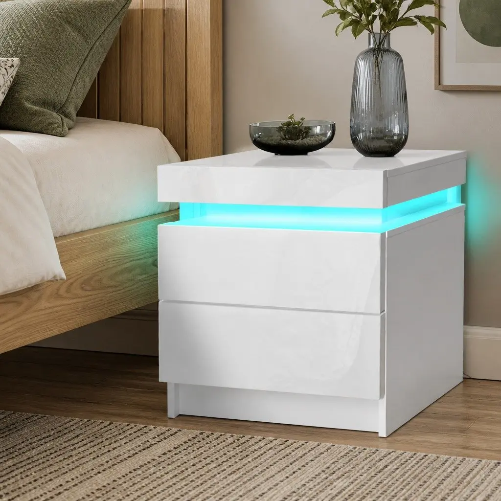 Bedside Table RGB LED White 45cm Particle Board with Lift-Top Compartment and Storage Drawers
