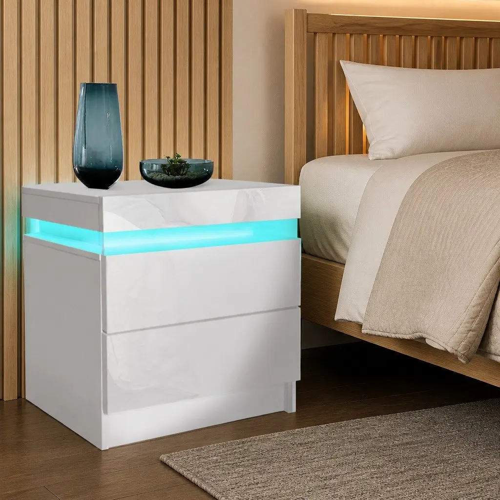 Bedside Table RGB LED White 45cm Particle Board with Lift-Top Compartment and Storage Drawers