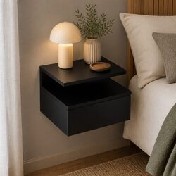 Wall-Mounted Bedside Table Set with LED Light in Black