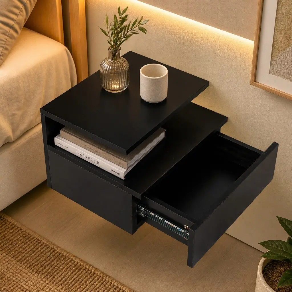Wall-Mounted Bedside Table Set with LED Light in Black