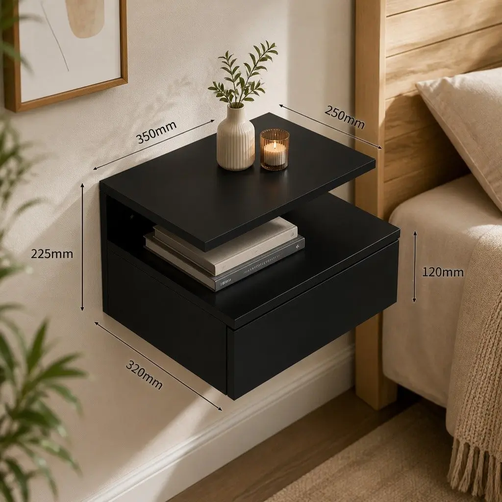 Wall-Mounted Bedside Table Set with LED Light in Black