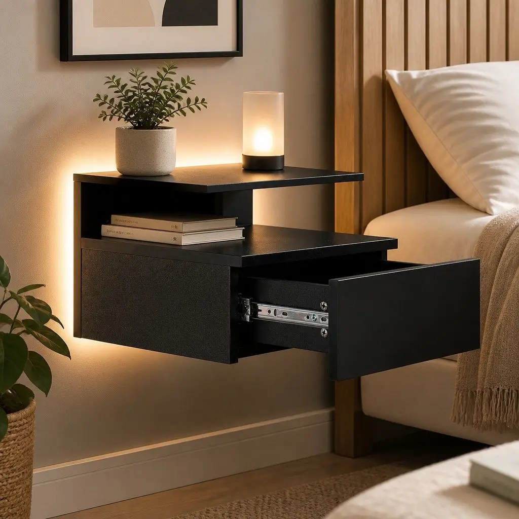 Wall-Mounted Bedside Table Set with LED Light in Black