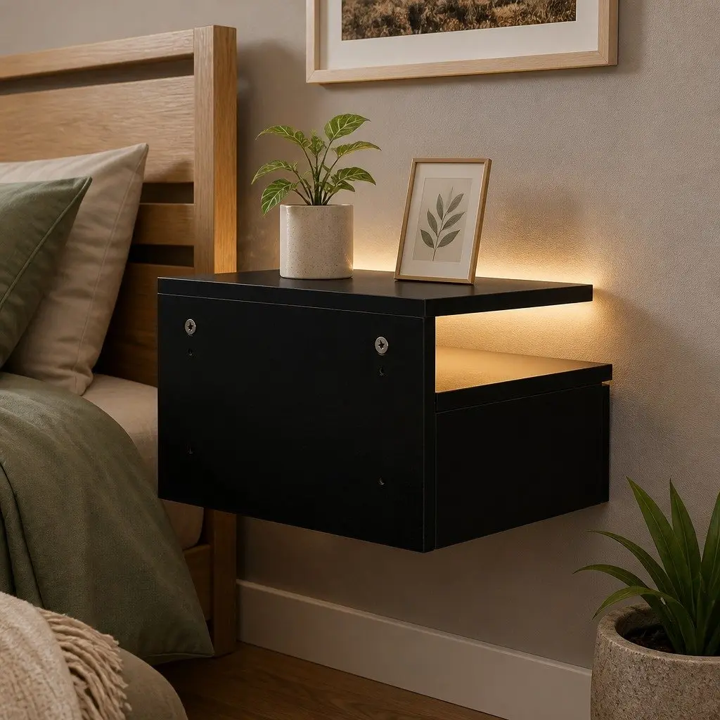 Wall-Mounted Bedside Table Set with LED Light in Black