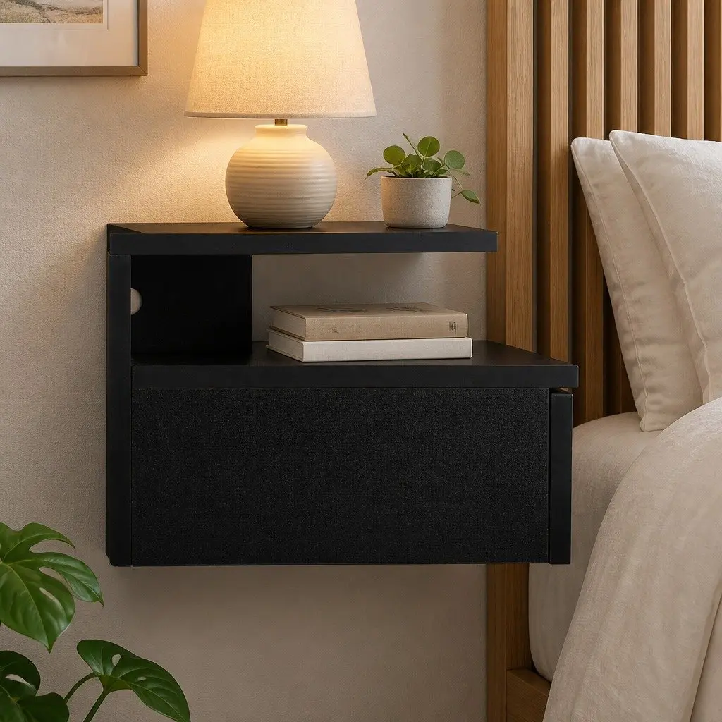 Wall-Mounted Bedside Table Set with LED Light in Black