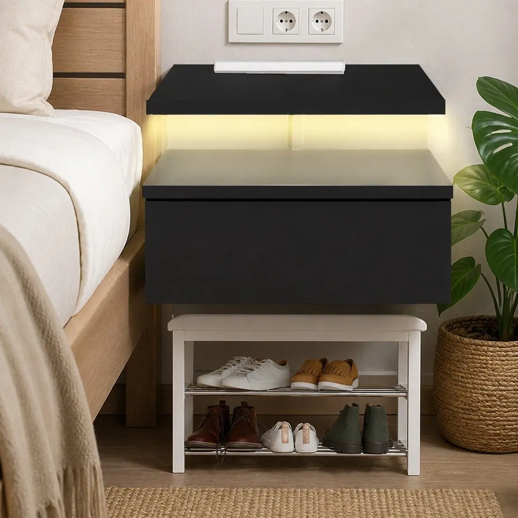 Wall-Mounted Bedside Table Set with LED Light in Black