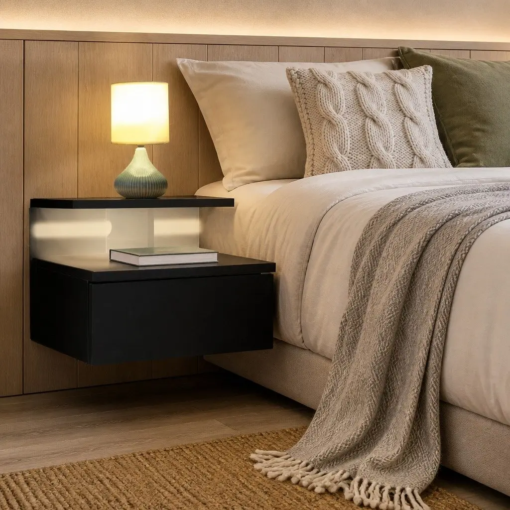 Wall-Mounted Bedside Table Set with LED Light in Black