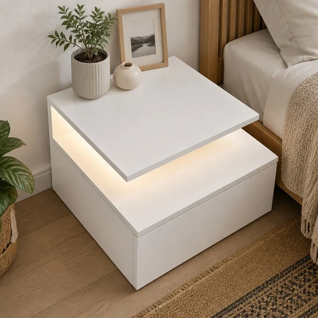 Wall Mounted Bedside Tables Modern White Particle Board with LED Light