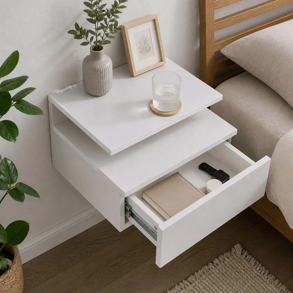Wall Mounted Bedside Tables Modern White Particle Board with LED Light