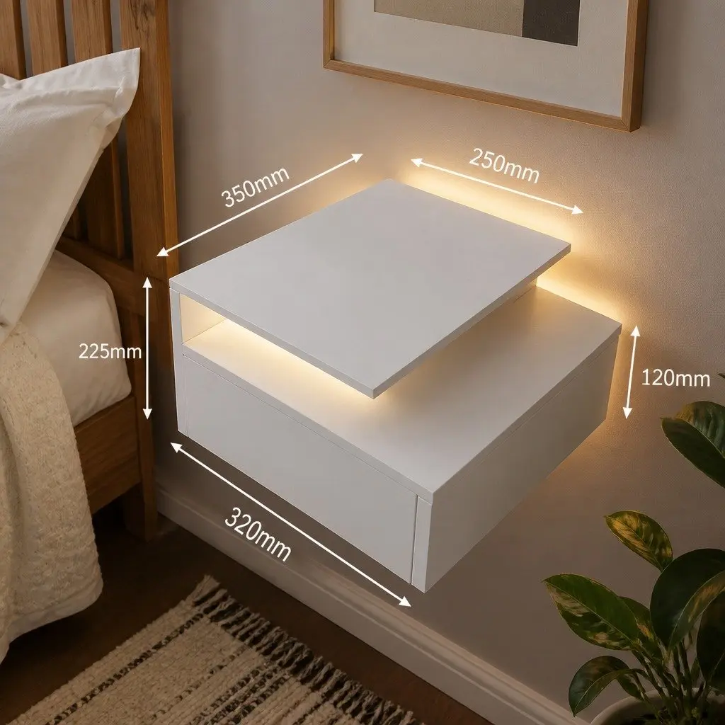 Wall Mounted Bedside Tables Modern White Particle Board with LED Light