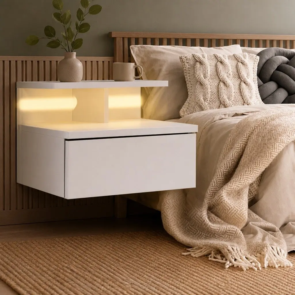 Wall Mounted Bedside Tables Modern White Particle Board with LED Light