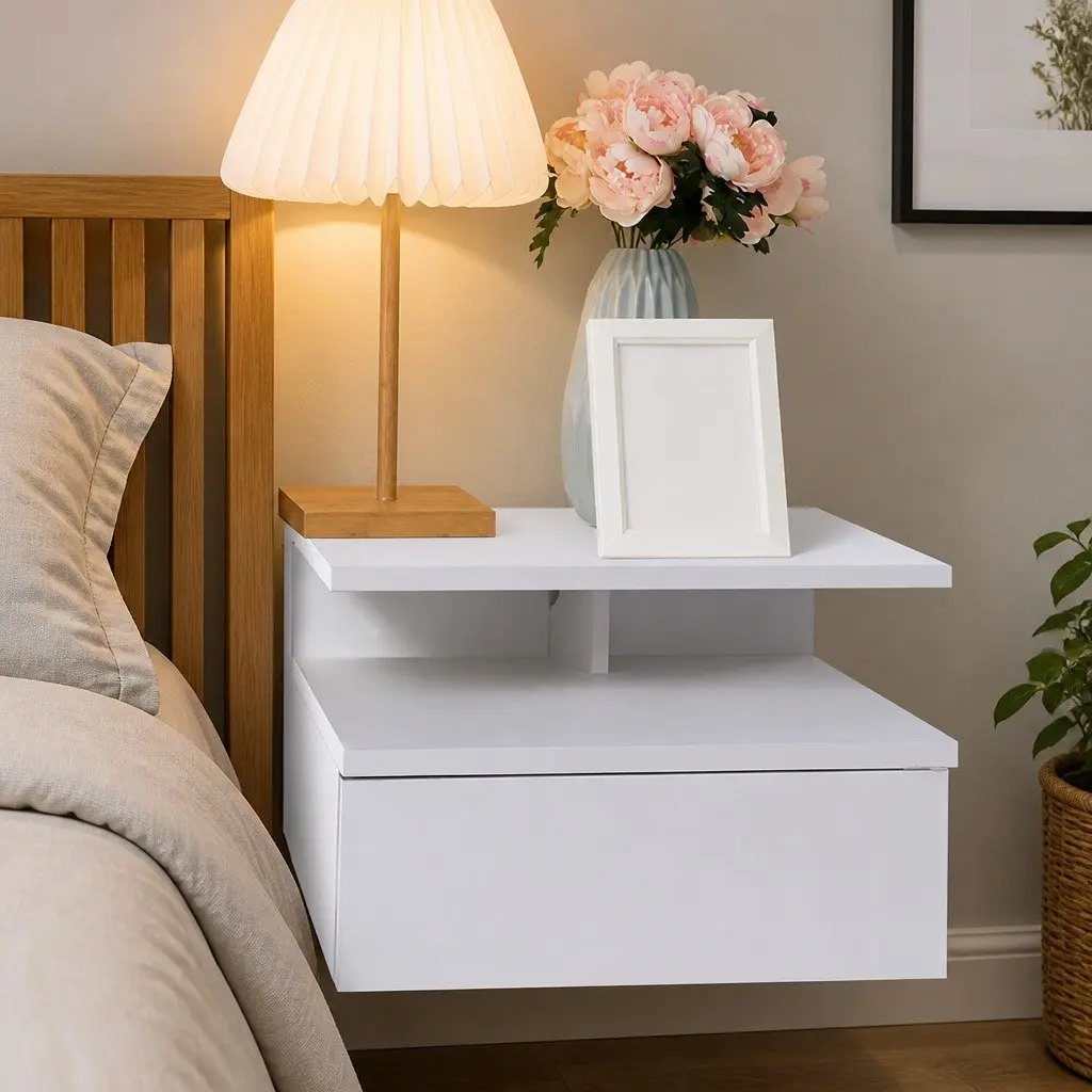 Wall Mounted Bedside Tables Modern White Particle Board with LED Light