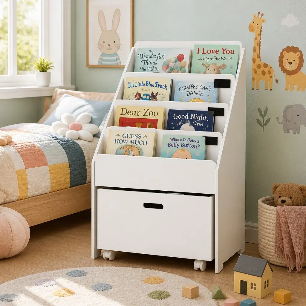 Kids Bookshelf 4 Tier White Particle Board Storage Organiser with Drawers