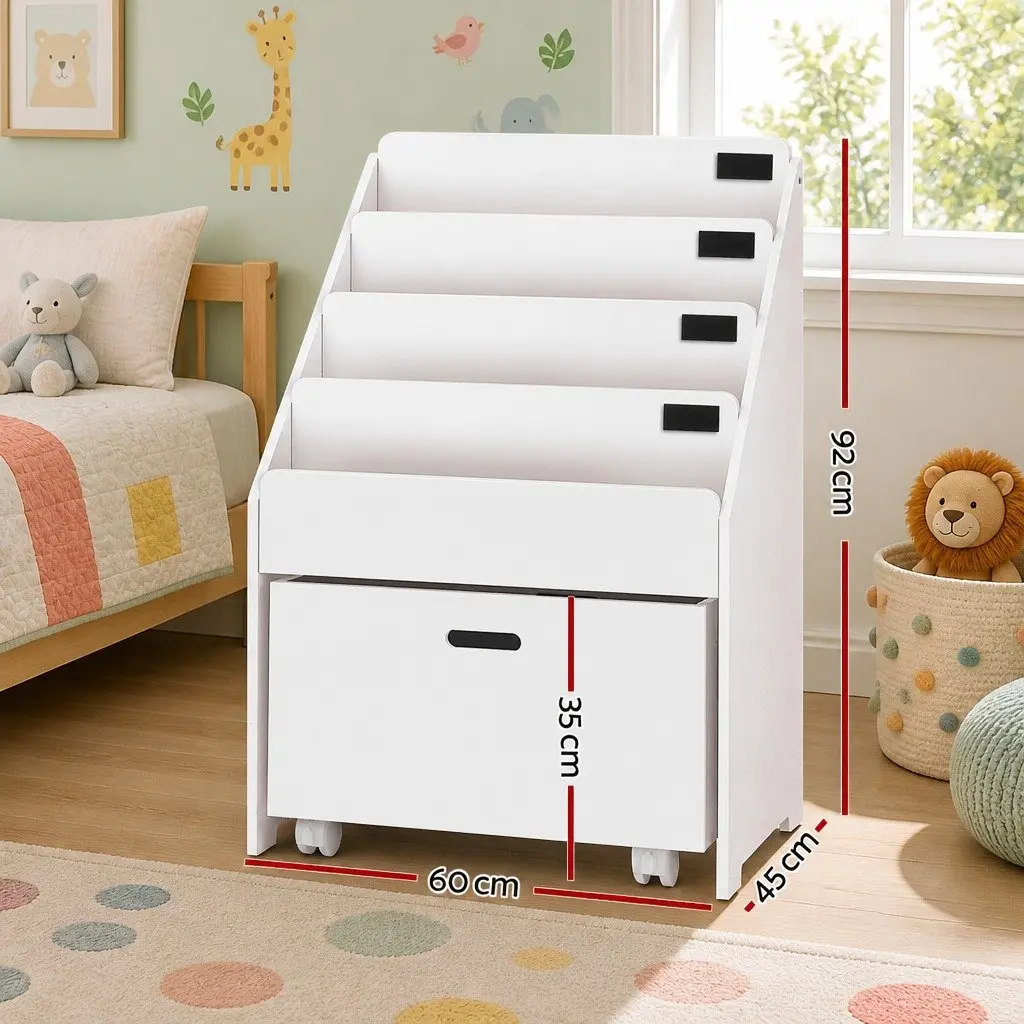 Kids Bookshelf 4 Tier White Particle Board Storage Organiser with Drawers