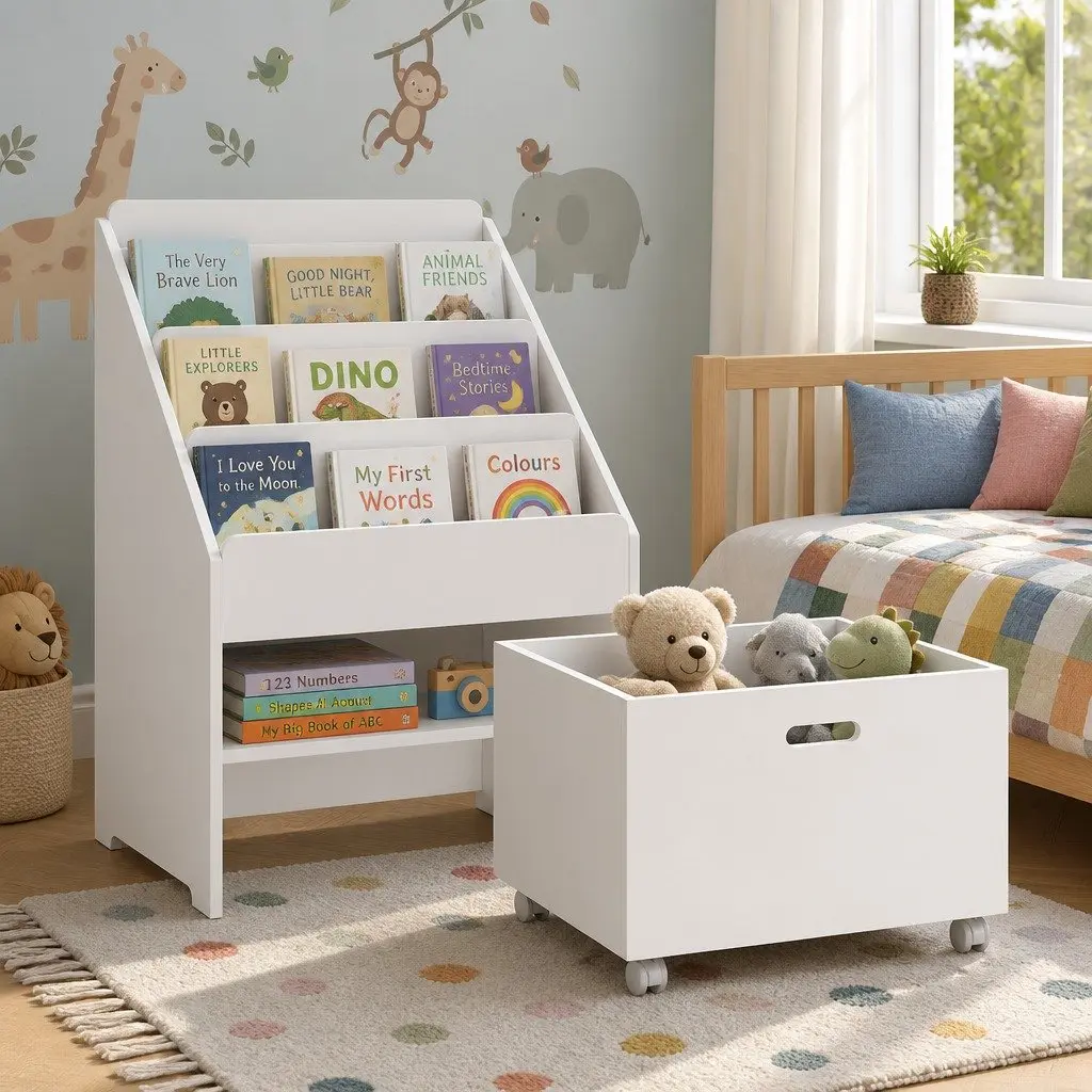 Kids Bookshelf 4 Tier White Particle Board Storage Organiser with Drawers