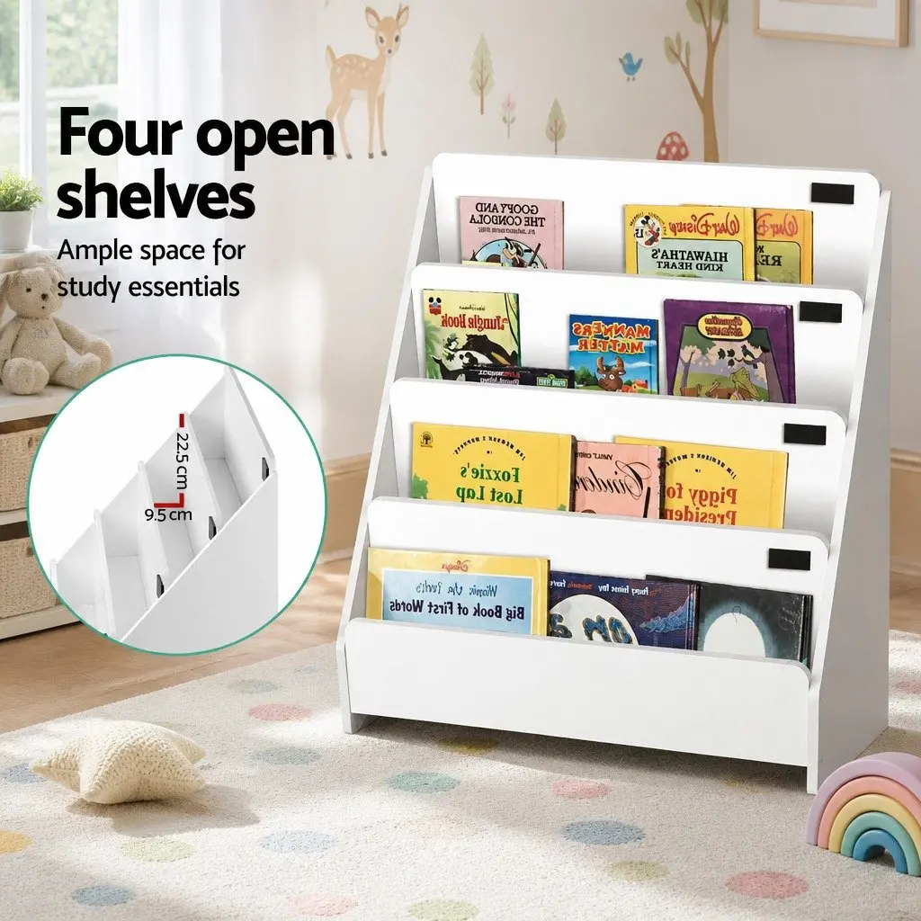 Kids Bookshelf 4 Tier White Particle Board Storage Organiser with Drawers