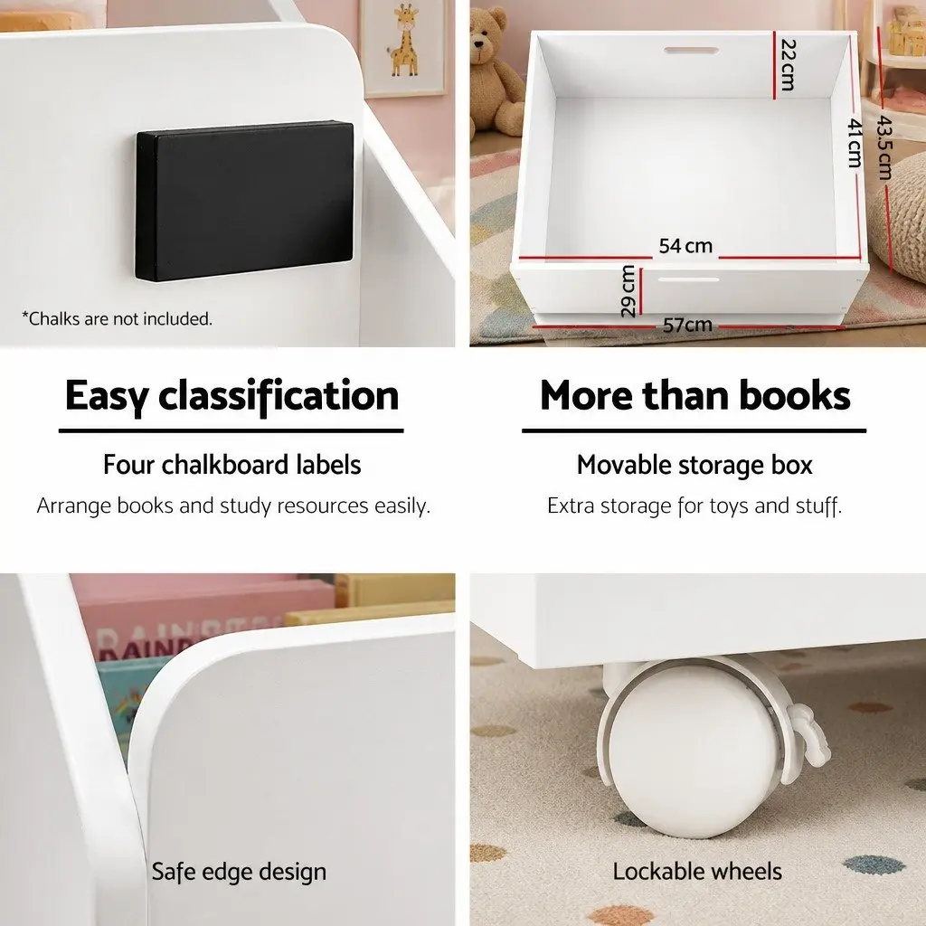 Kids Bookshelf 4 Tier White Particle Board Storage Organiser with Drawers