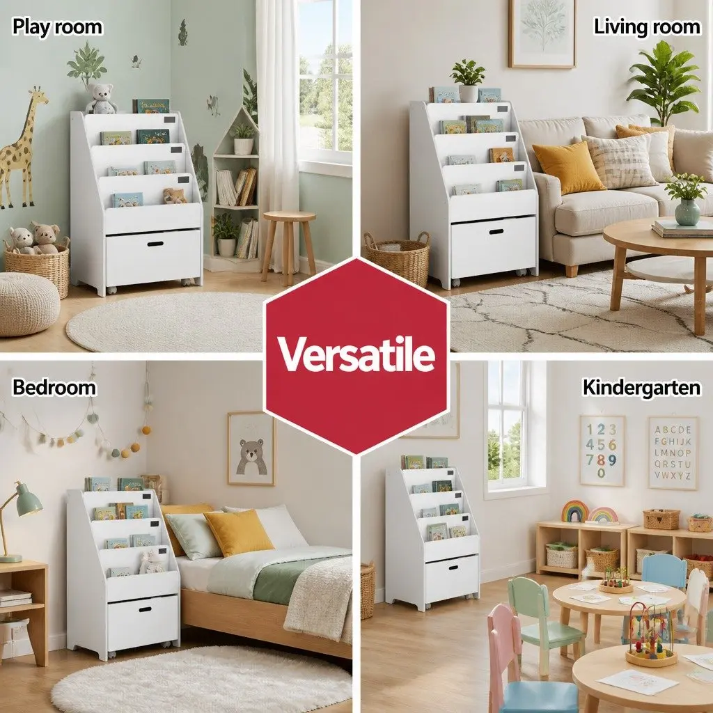 Kids Bookshelf 4 Tier White Particle Board Storage Organiser with Drawers