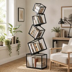 Geometric 5-Tier Bookshelf in Black Metal