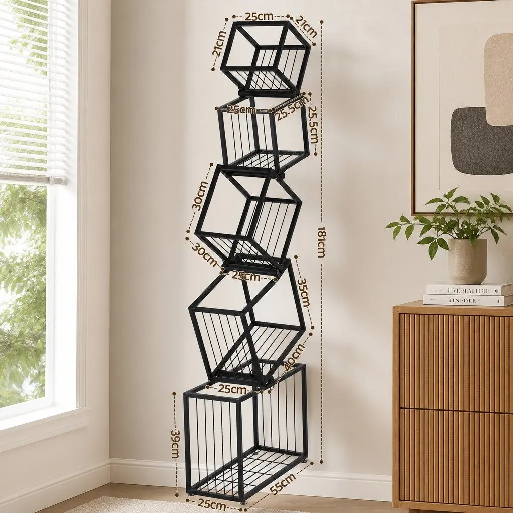 Geometric 5-Tier Bookshelf in Black Metal