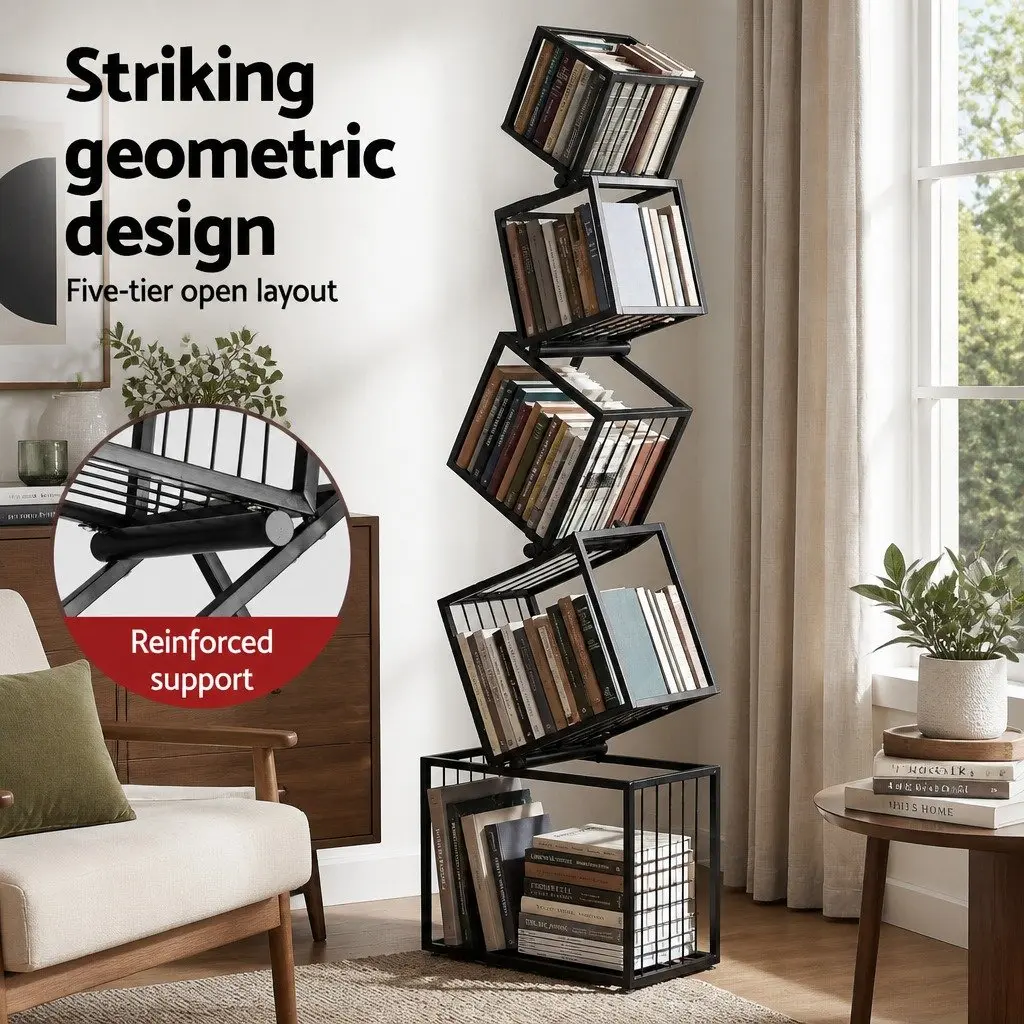 Geometric 5-Tier Bookshelf in Black Metal