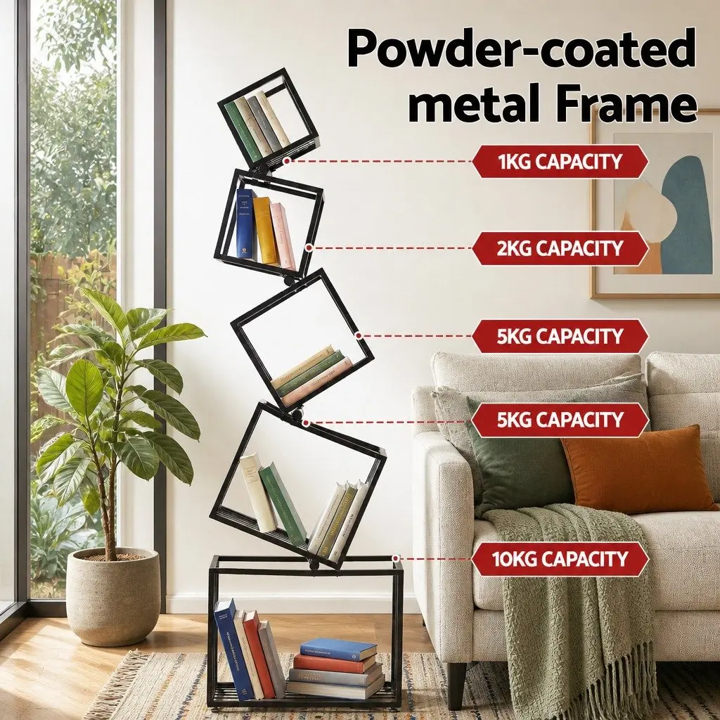 Geometric 5-Tier Bookshelf in Black Metal