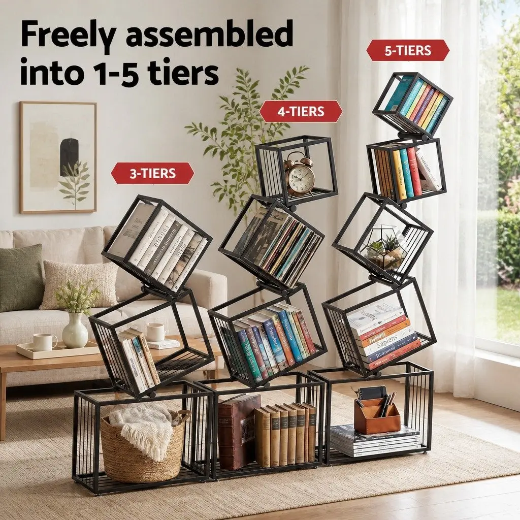 Geometric 5-Tier Bookshelf in Black Metal