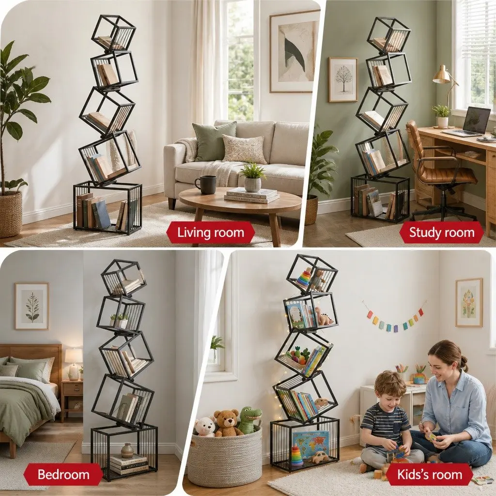 Geometric 5-Tier Bookshelf in Black Metal