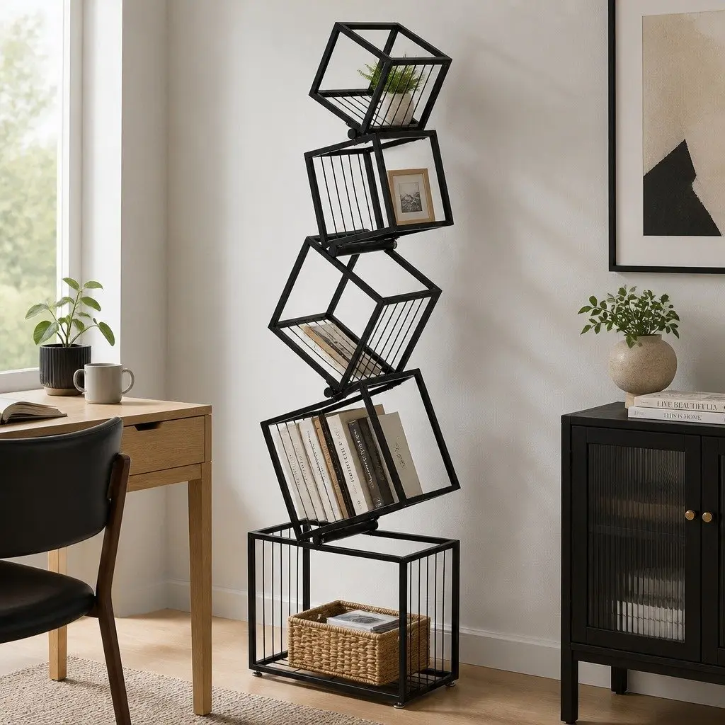 Geometric 5-Tier Bookshelf in Black Metal