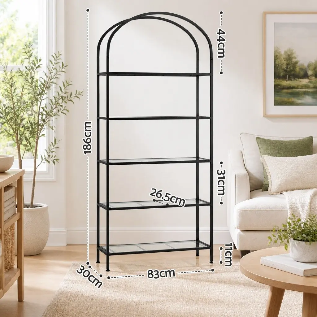 5-Tier Industrial Bookcase with Glass Shelves