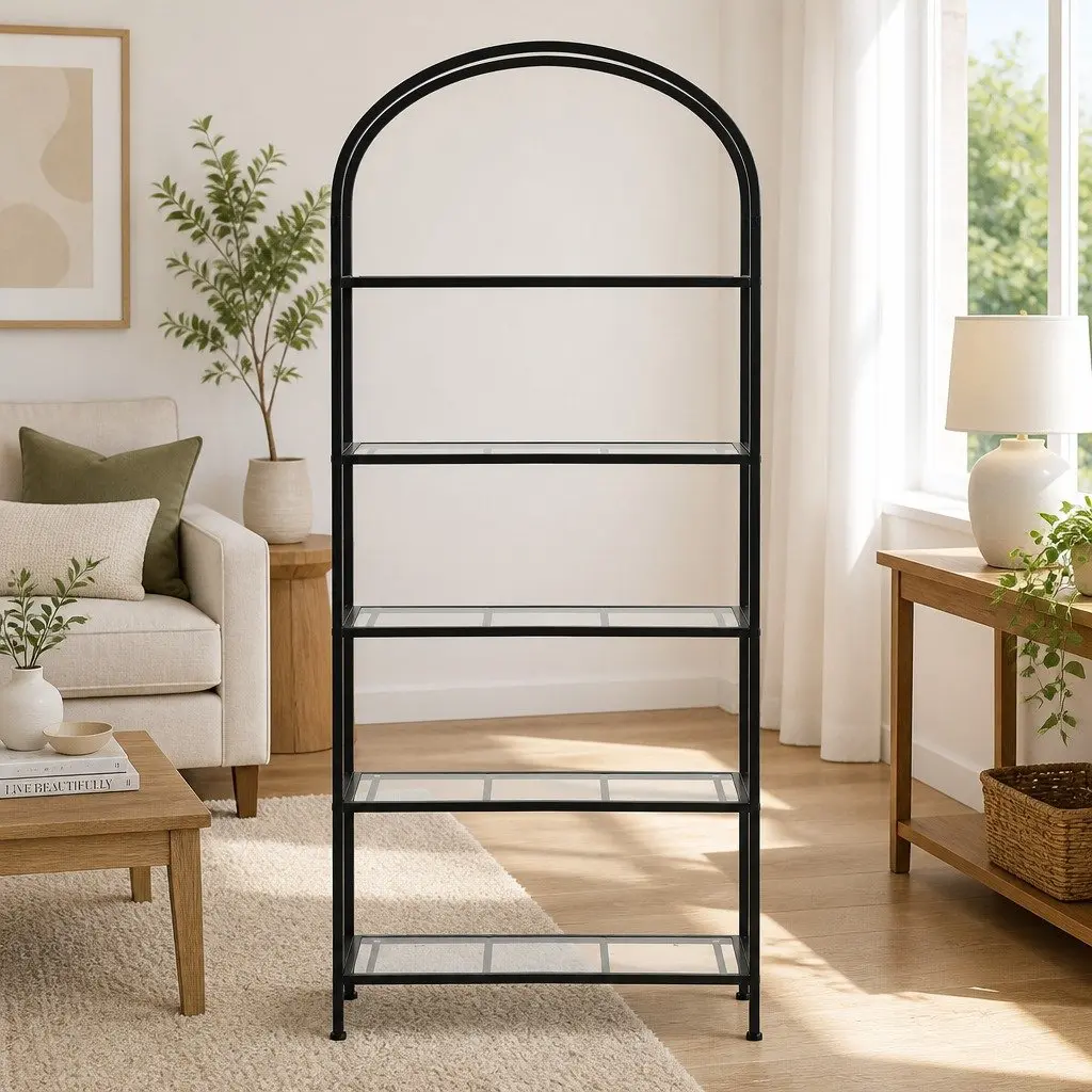 5-Tier Industrial Bookcase with Glass Shelves