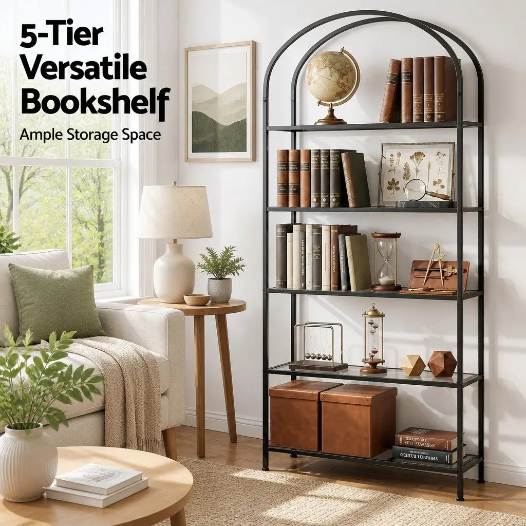 5-Tier Industrial Bookcase with Glass Shelves