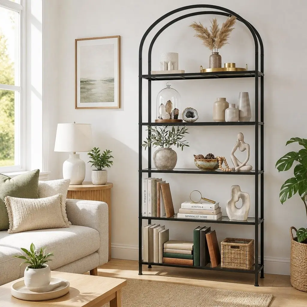 5-Tier Industrial Bookcase with Glass Shelves