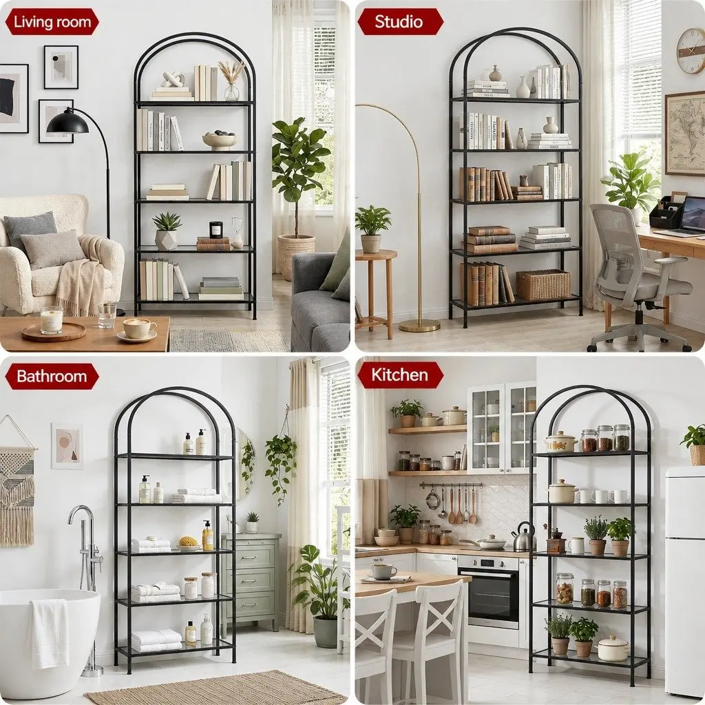 5-Tier Industrial Bookcase with Glass Shelves